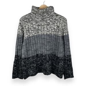 90s VTG Turtleneck Sweater Womens L Gray Striped Colorblock Chunky Knit Pullover
